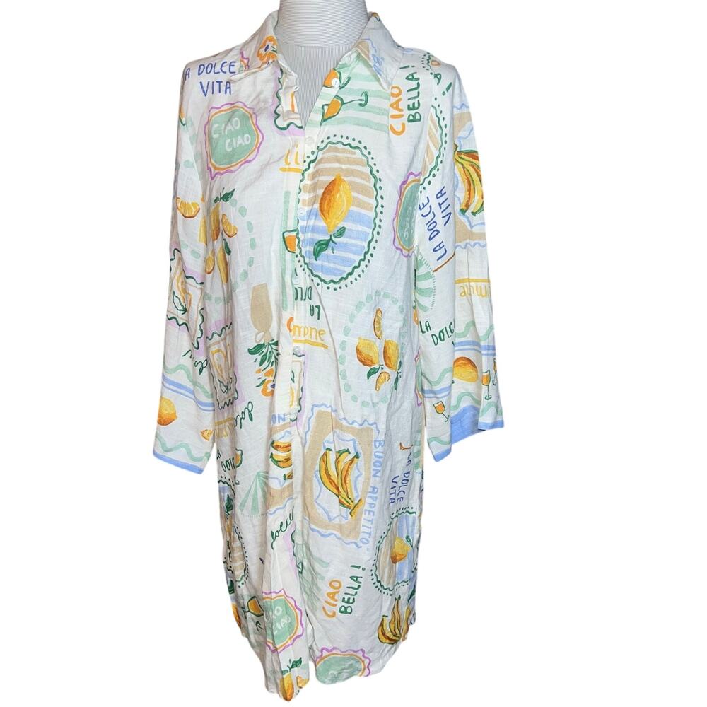 Label of Love brand linen blend shirt dress colorful lemon La Dolce Vita" sz Lrg